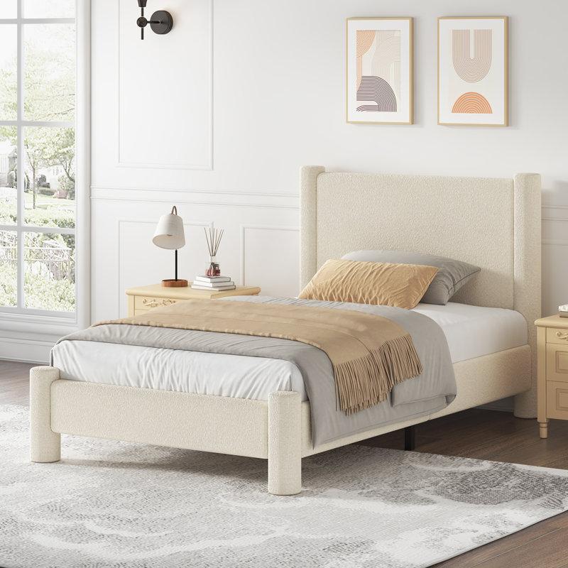Lit plateforme tapissier Boucle, Simple, Crème
