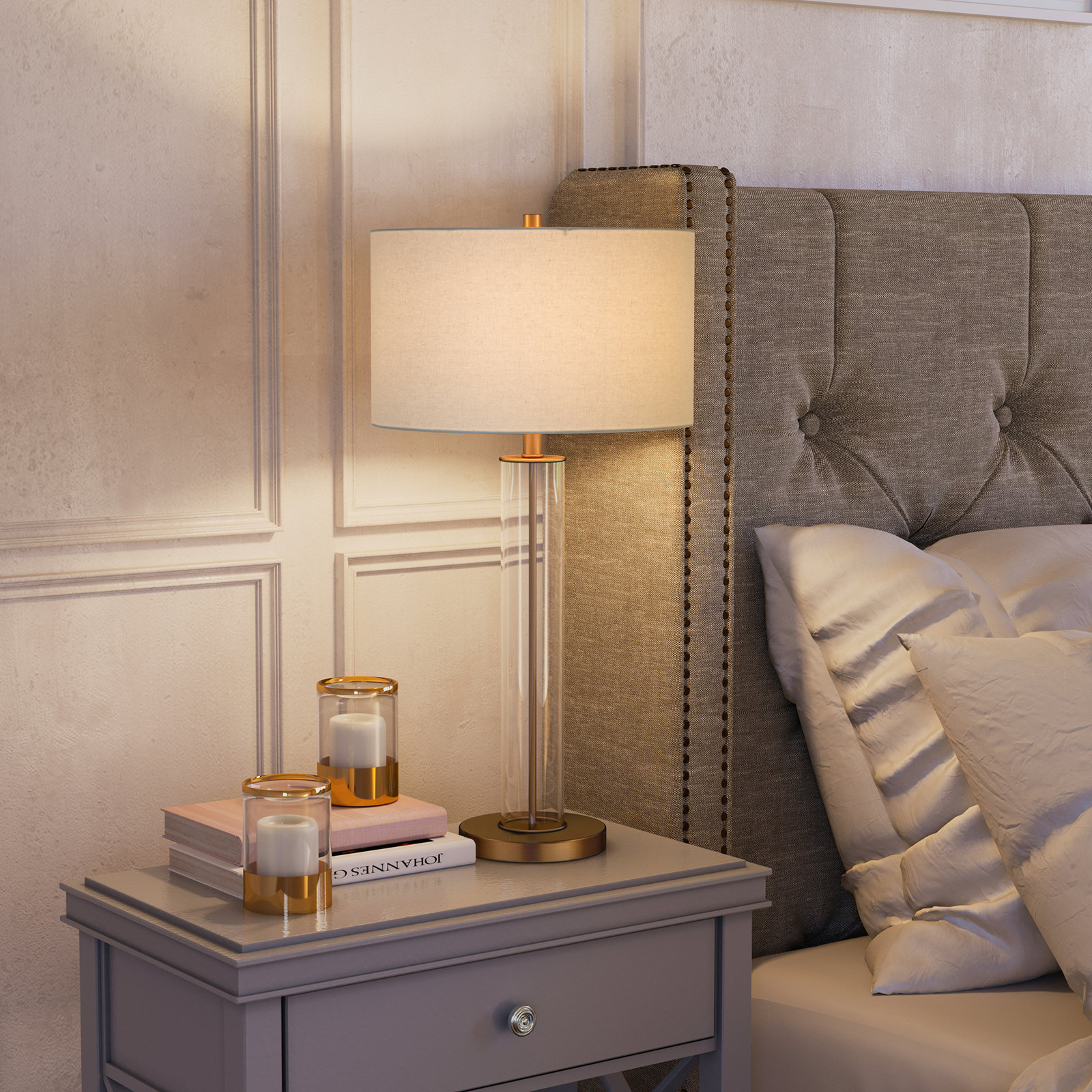 Skye Table Lamp, White, Gold/Clear