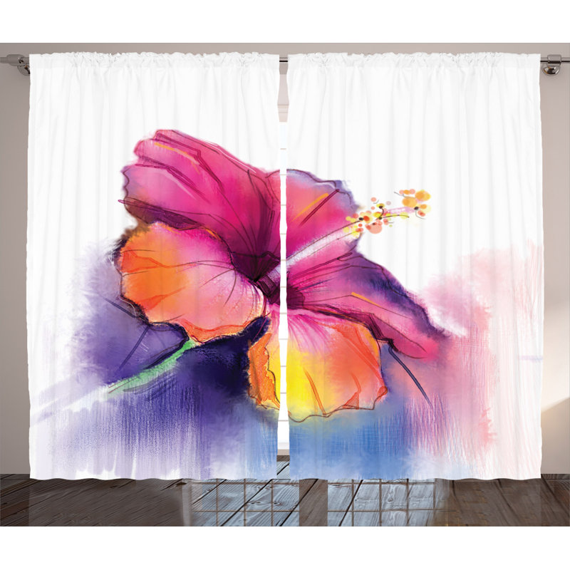 Hibiscus Flower Semi-Sheer Rod Pocket Curtain Panels, 54" W x 84" L