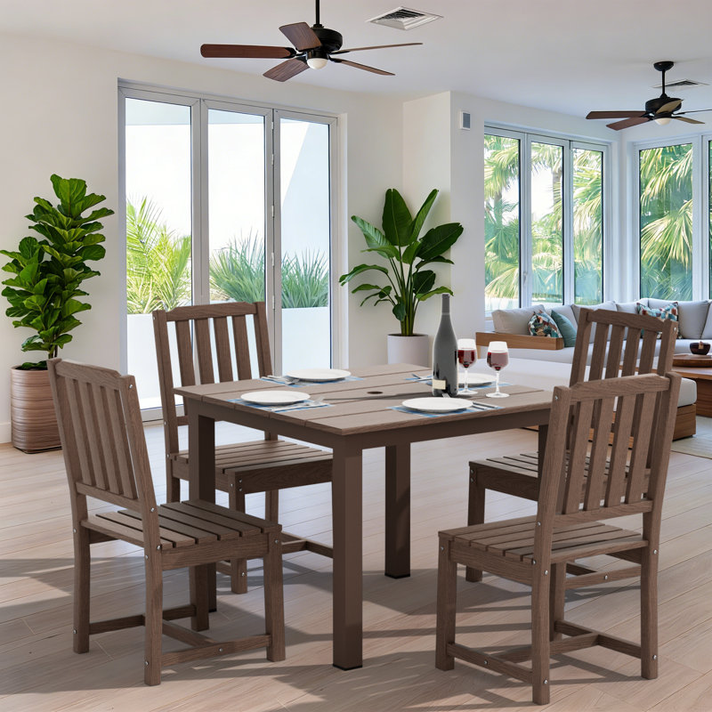 Outdoor Patio Dining Set, Including A Square Table And 4 Armless Chairs, Brown