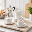 Ensemble de 4 tasses à café et soucoupes en céramique blanche, tasses horizontales texturées perlées 230 ml / 260 ml pour thé au lait cappuccino