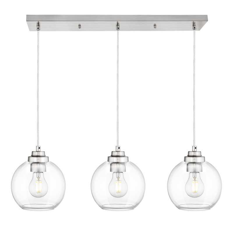 3-light Linear Chandelier With Globe Glass Shade, Brushed Nickel