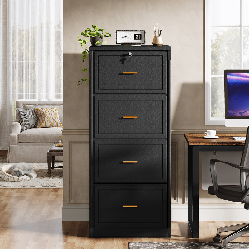 4-drawer File Cabinet, Vertical Filing Cabinet With Lock, Wood File Cabinet For Home Office, Black