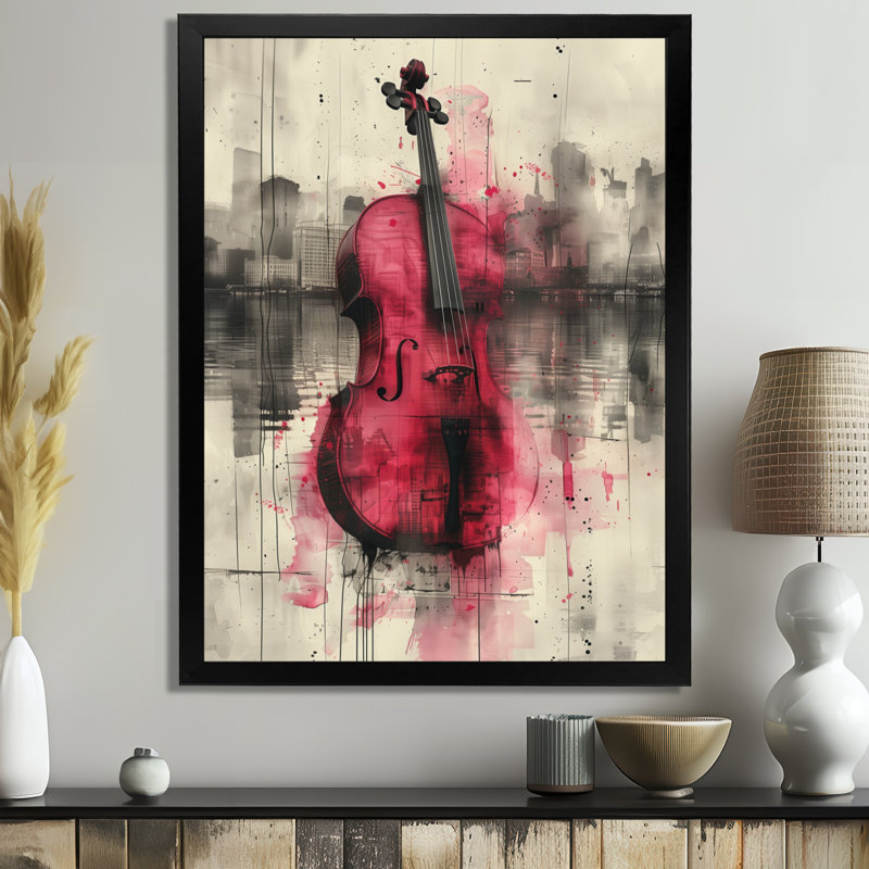 Rose, gris, violoncelle, instrument de musique - reproduction d'art mural, Cadre simple noir, bois massif, H 24 po x l 32 po