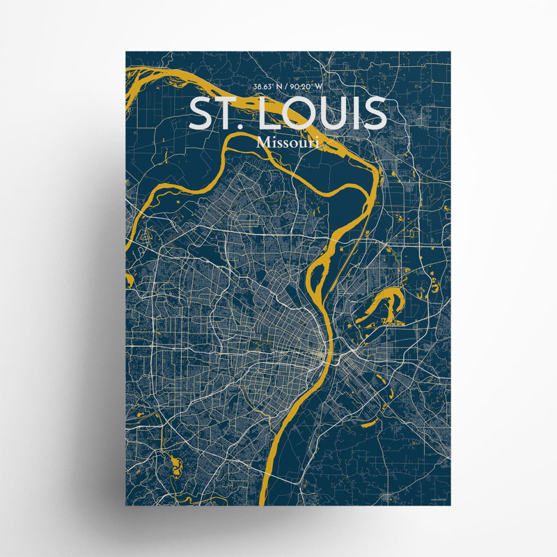 St. Louis City Map, impression, H 27,6 po x l 19,7 po, Bleu / jaune