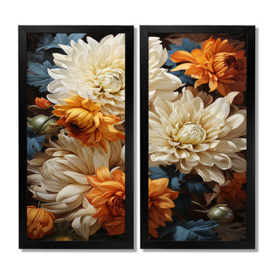 «Chrysanthemums Autumn Gold Showcases - Chrysanthemums Wall Art Decor», ensemble de 2 impressions sur toile florales beiges
