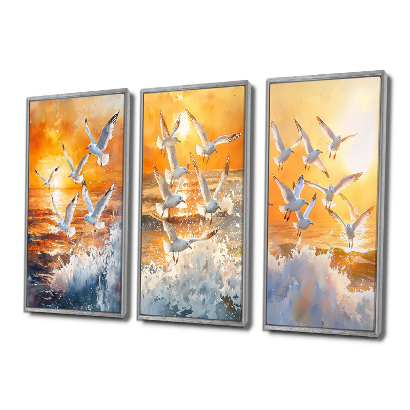 Mouettes au lever du soleil I - Collection de décorations murales oiseaux, H 32 po x l 48 po, Impression encadrée flottante