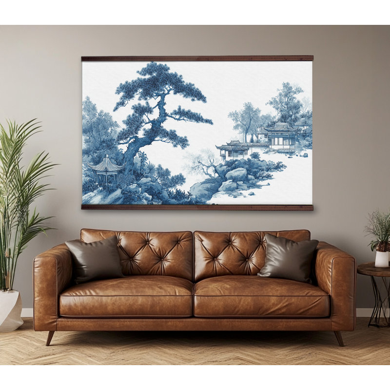 Tapisserie murale paysage bleu chinoiserie, H 45 po x l 73 po