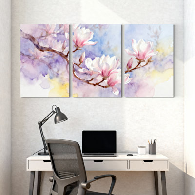 Magnolia Watercolor Magnolia Blossoms On Branches Set of 3 Canvas Wall Art Prints