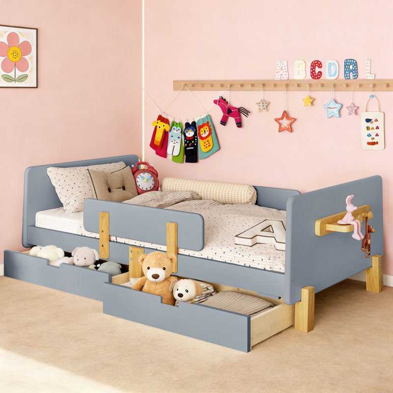 Kids Daybed Frame with Storage Drawers and Safety Guardrails,  Wood Daybed with Headboard and Hook Organizer, Gray, Full