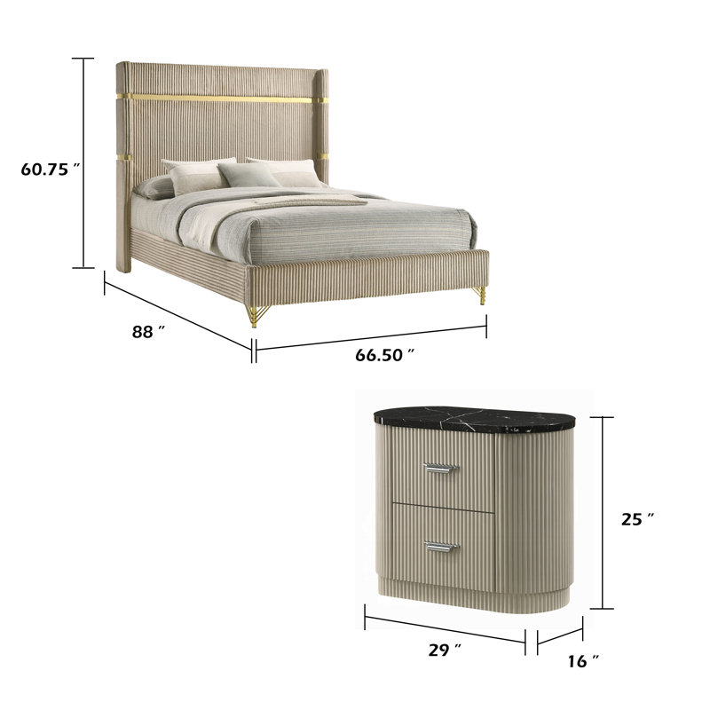 Ensemble de chambre pour grand lit, or, beige, noir, bois argenté, ensemble de 3 pièces avec 2 tables de chevet