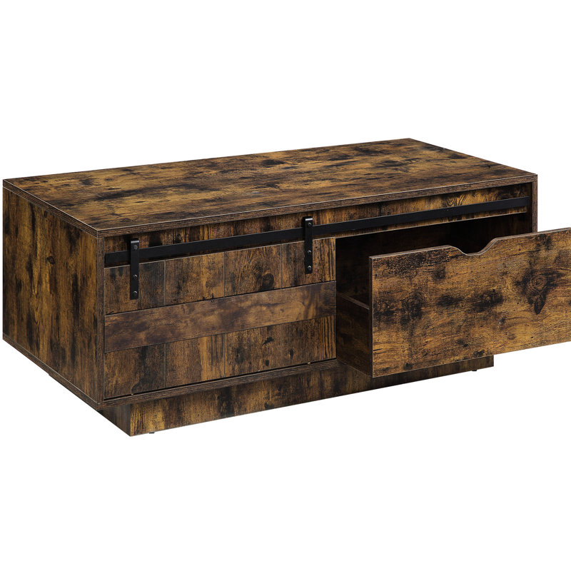 Table basse moderne rustique avec porte de grange coulissante et rangement supplémentaire en chêne de style classique