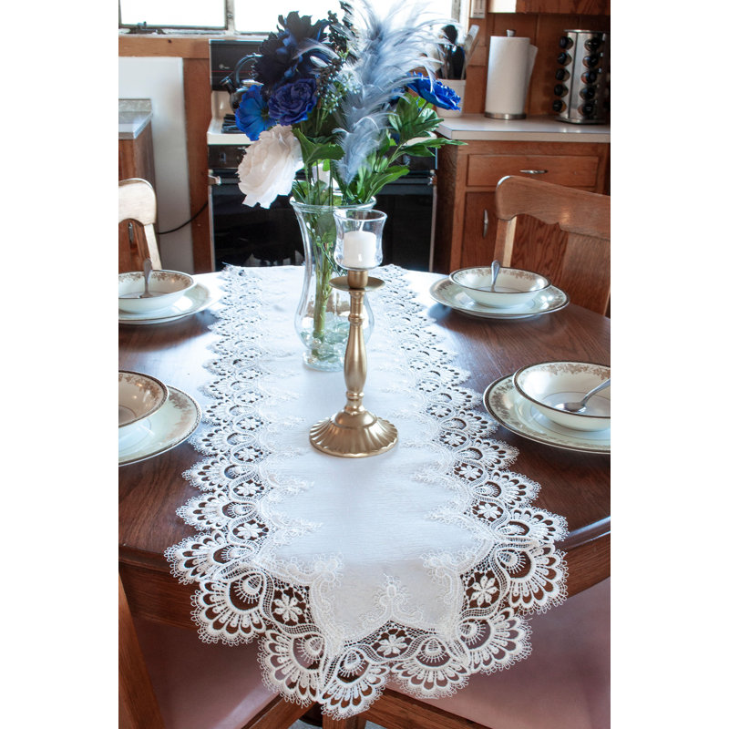 Colfontaine White European Lace and Antique Jacquard Fabric Table Runner, 54" x 16"