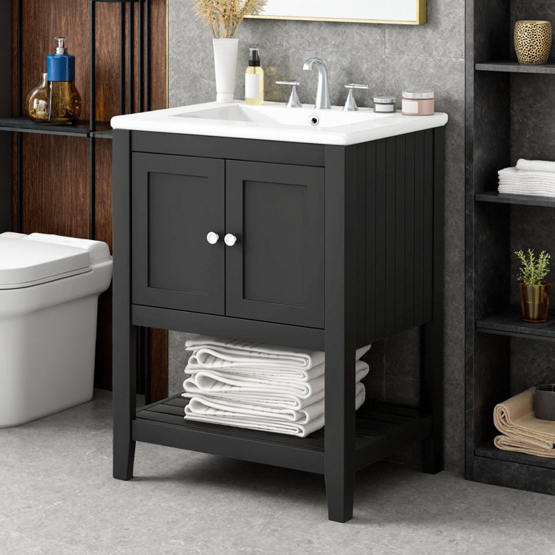 Meuble-lavabo moderne 24 po avec lavabo en céramique Semilune, Black