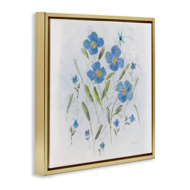 «Dragonfly & Blue Florals», art mural encadré par Sally Swatland, H 25 po x l 25 po, Cadre flottant métallique doré