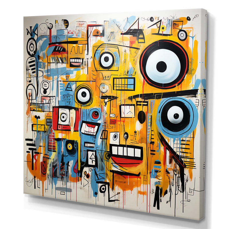 Jaune et bleu, art graffiti yeux chaos I - art abstrait sur toile, collage, Toile tendue, H 16 po x l 16 po x P 1 po