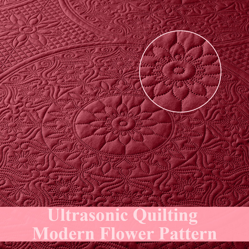 Moonlight Oversized Floral Embossed Bedspread Set – Lightweight Reversible Quilt Bedding with Pillow Shams, Burgundy