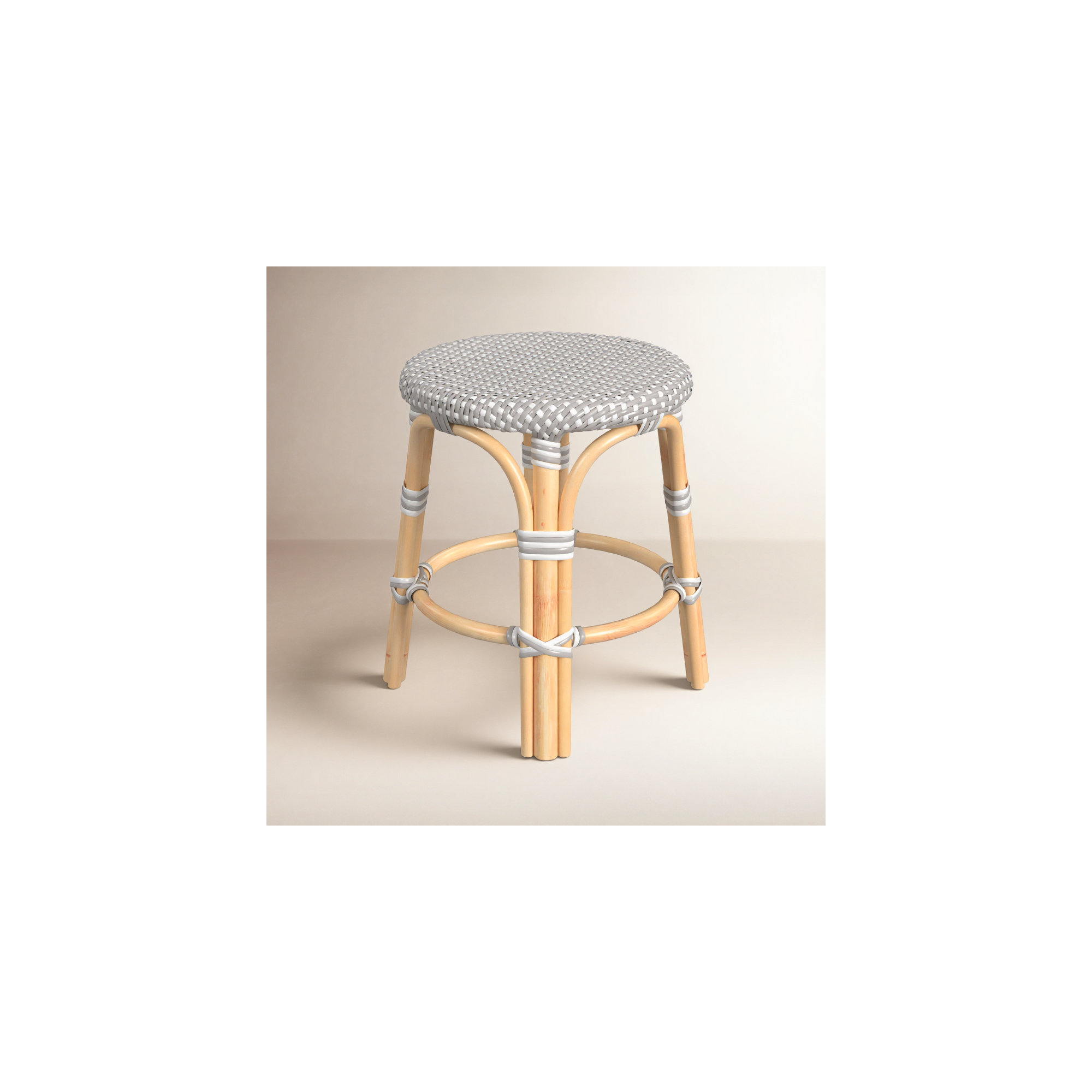 Alastair 18" Dining Short Stool, Gray/White Dot/Natural Rattan Frame