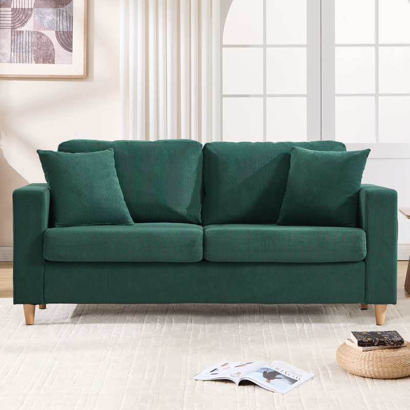 178cm Wide Modern Corduroy Sofa with Square Armrests & 2 Throw Pillows, 3