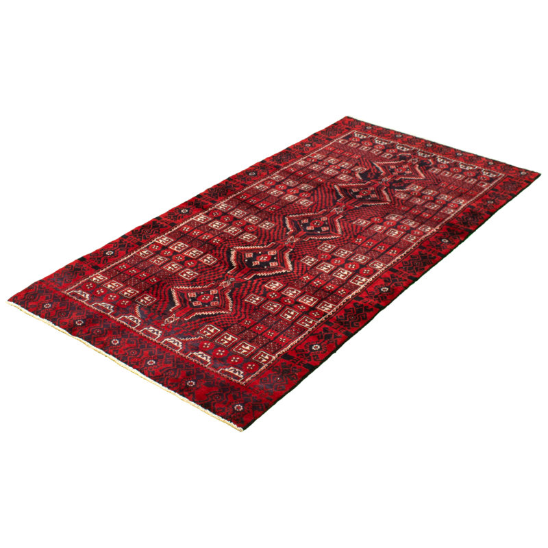 Tapis de couloir en laine rouge foncé de conception unique 4 pi 5 po x 9 pi noué à la main des années 1990 kula tapis décoratif