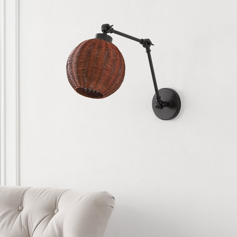 Abdulmalik 22" 1-Light Mid-Century Vintage Rattan Globe Swing Arm LED Sconce