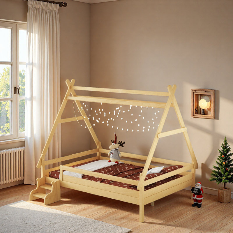 Platform Bed With Stairs, Solid Wood Twin Bed Frame, Low Profile And Childlike Fun Design, Natural, Full