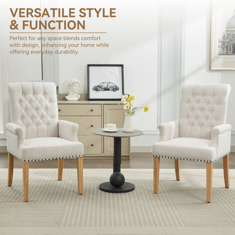 Tufted Upholstered High Back Dining Armchair, Linen, Beige Linen