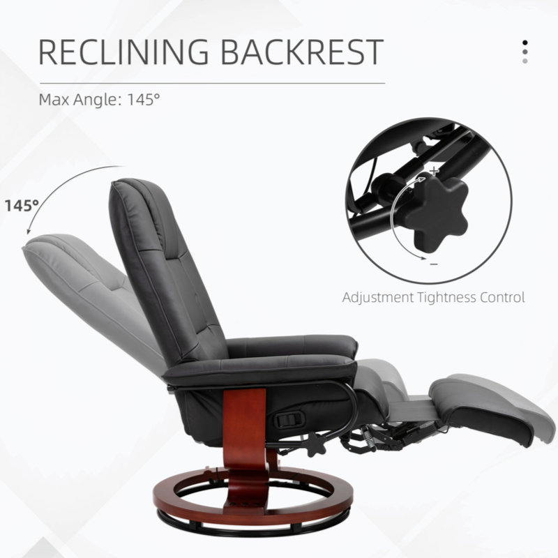 Black Faux Leather Swivel Recliner with Wood Base