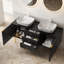 Meuble-lavabo de 60 po avec lavabo, armoire de rangement autoportante en contreplaqué avec pieds dorés, 3 tiroirs et 2 portes, 2 vasques en céramique à motif de marbre blanc et plateau en pierre frittée, noir