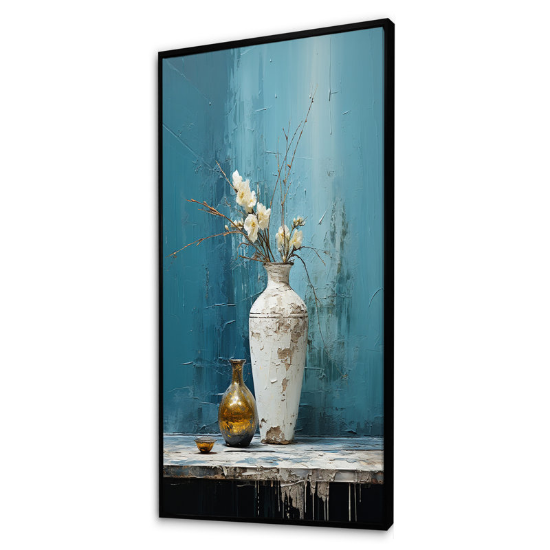 Vase de poterie bleu et blanc Boho, Cadre flottant noir, H 60 po x l 28 po x P 1,5 po