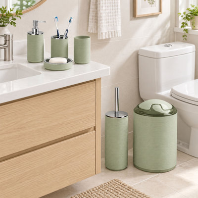 6 Piece Bathroom Accessories, Plastic Vanity Organizer with Soap Dispenser and Storage Essentials