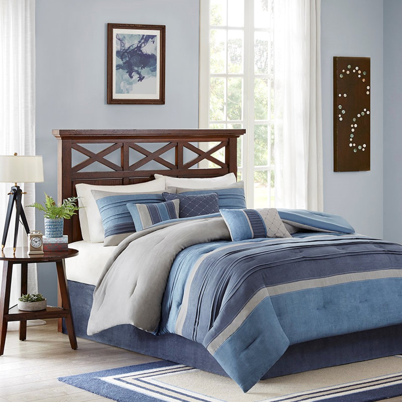 Édredon 7 pièces en microsuède bleu marine pour lit très grand avec coussins décoratifs intérieurs et lavable à la machine