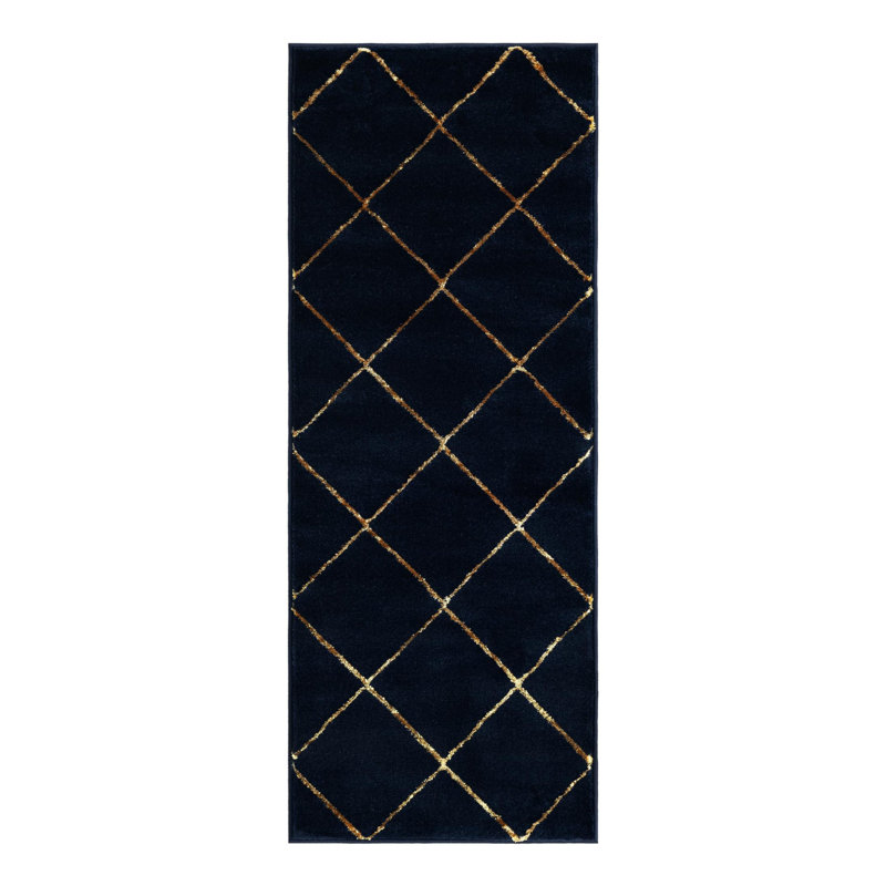 Latitude Run® Checks Nikica Rug Navy Blue and Gold, Runner 2' x 5'1"