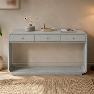 Console de style antique, 3 tiroirs de rangement, tablette de présentation, pieds courbés, finition peinte, entrée / couloir / salon, vert sauge