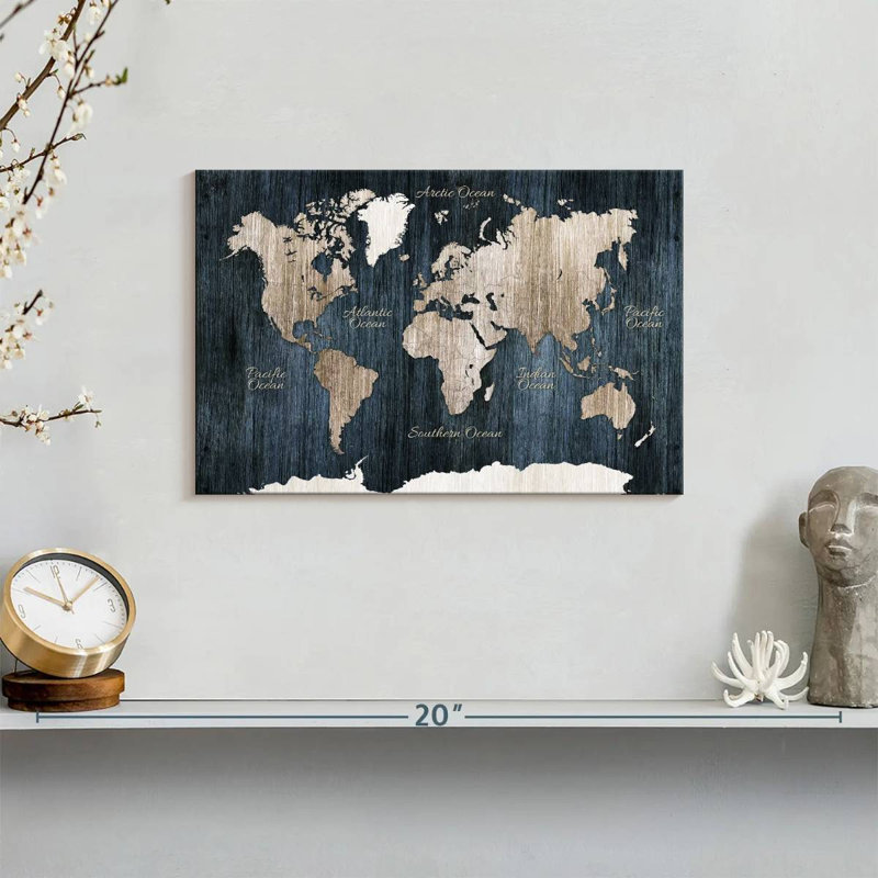 «World Map Aged Wooden World Map», reproduction sur toile, H 8 po x l 12 po x P 1 po