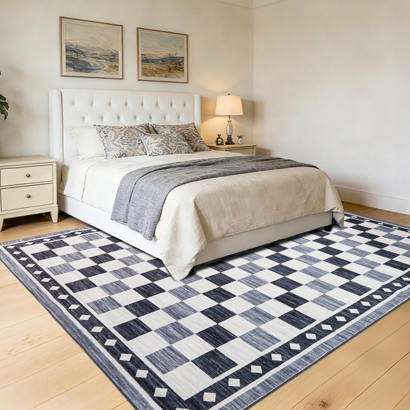 8x10 Checkered Area Rug, Abstract Washable Soft Rugs for Living Room, Modern Geometric Non Slip Low Pile Carpet for Bedroom, Dining Room, Black