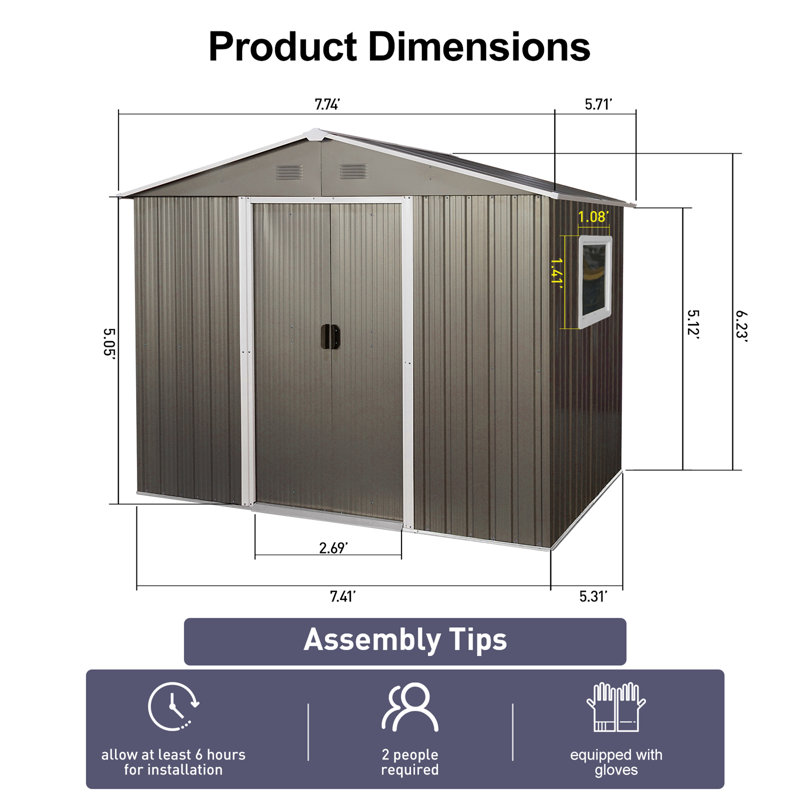 Remise de rangement extérieure en métal 8 pi x 6 pi avec fenêtre gris