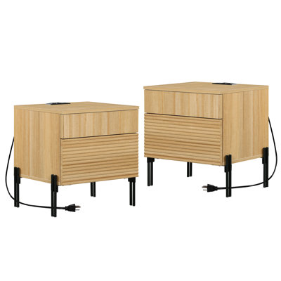 Modern Minimalist Nightstand With 2 Drawers,Reeded Wood End Table With Built-In Charging Station For Bedroom, Living Room,Entryway by Ebern Designs