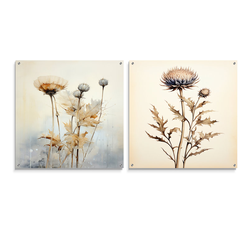 «Beige chardon», ensemble de 2 peintures murales en acrylique sur chardon, H 36 po x l 73 po