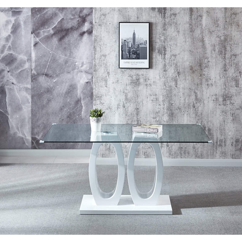 Table de salle à manger en MDF de conception moderne avec finition blanche et plateau en verre transparent, pour 6 personnes