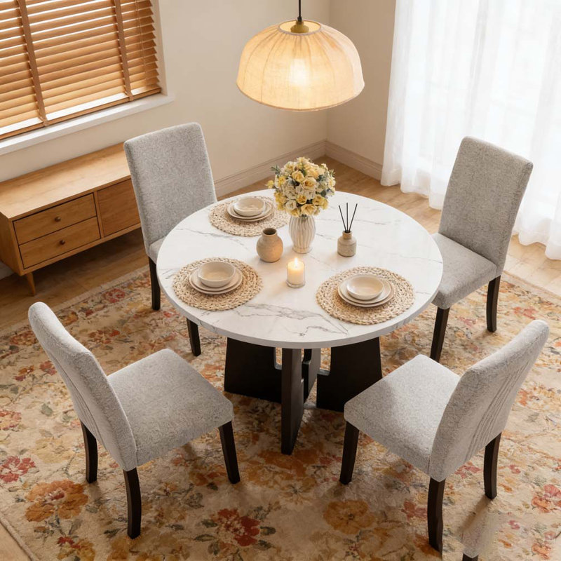 Ensemble de table de salle à manger 5 pièces, Beige et blanc