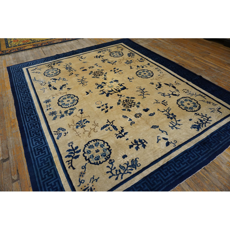 Tapis floral antique antique ivoire beige crème blanc en laine noué à la main des années 1900