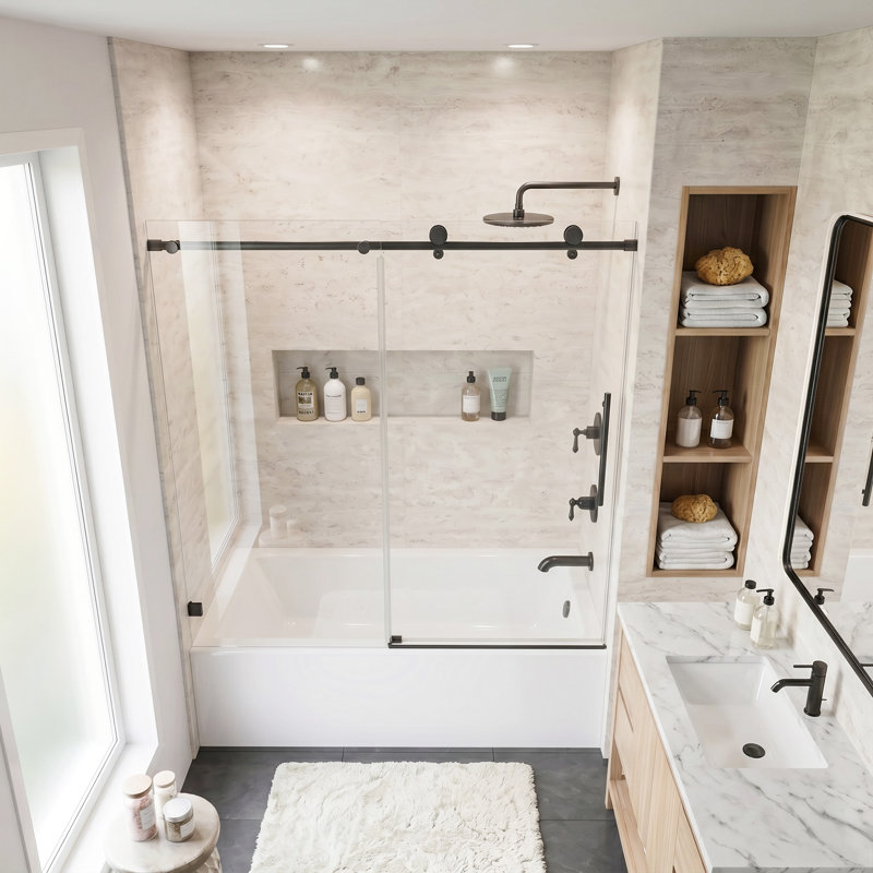 Porte de douche coulissante simple sans cadre l 56 à 60 po x H 60 po, Noir mat