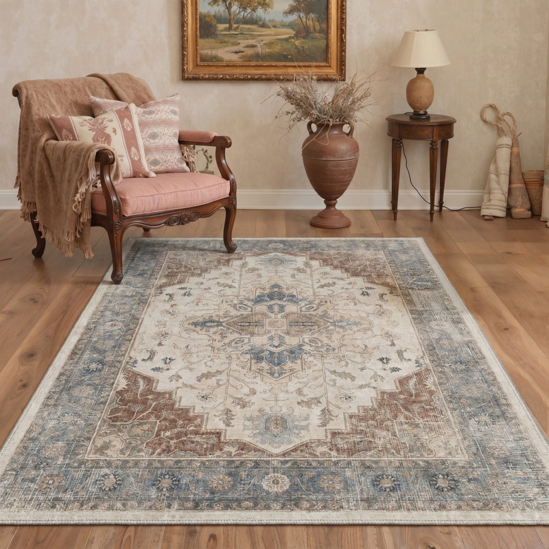 Tapis intérieur lavable à la machine Medallion - orange / bleu / beige avec envers antidérapant, Rectangle 5 pi x 7 pi