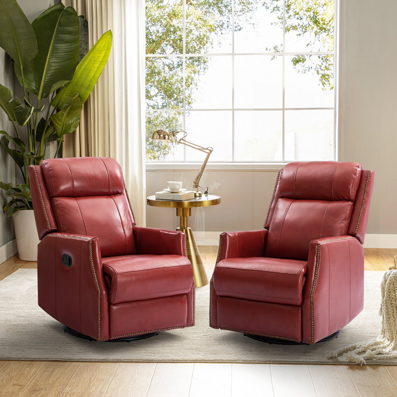 Ensemble de 2 fauteuils inclinables pivotants en cuir véritable Hugh, Rouge