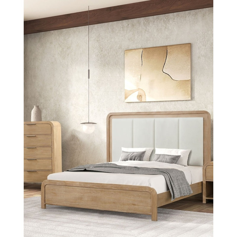 Eastern King Size Bed Channel Padded Headboard 1Pc Panel Bed Frame Natural Finish Transitional Style Bedroom Furniture, King