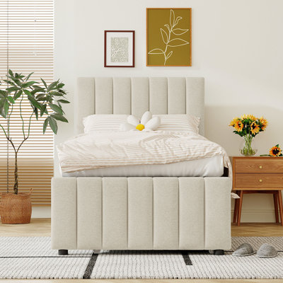 Twin Size Upholstered Platform Bed with Trundle and 3 Drawers, Linen Fabric for Extra Sleeping and Storage
