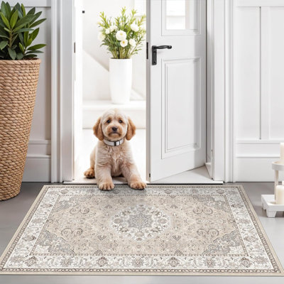 Washable Entryway Rug: Farmhouse Kitchen Hallway Rug Wide Soft Water Resistant Floor Mat for Bathroom Nursery Non Slip Indoor Carpet for Living Room Bedroom Dining Room(Beige)