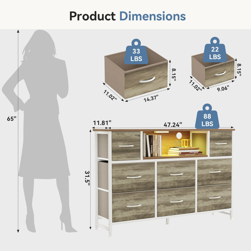 Multi-Functional TV Stand with 8 Drawers & LED Lights, Oak Finish