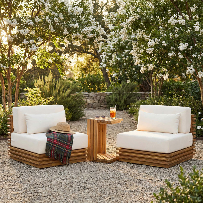 Oversized Outdoor Acacia Wood Frame 3-Piece Chat Set - Two Club Chairs And Side Table